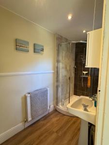 un baño con ducha y lavabo en NEW Seabreeze Large Family Apt Sea Views Ventnor, en Ventnor 18 fotos más