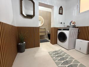 a washing machine in a bathroom with a mirror at Entire Apartment in Cospicua with a Cellar! in Cospicua