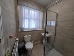 a bathroom with a toilet and a shower and a sink at Westbrook Lodge Guest House in Margate