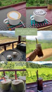 un collage de photos d'une tasse de café et d'un petit gâteau. dans l'établissement Nakhoun café and farmstay, à Ban Naphô