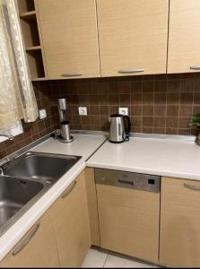a kitchen with a sink and a counter top at TranquilityHouse in Tríkala