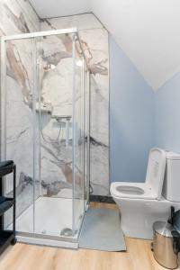 a bathroom with a toilet and a marble wall at Luxury Moseley Studio - 8 in Birmingham