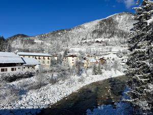 a resort in the snow with a river and a mountain at MARY Apartment in Tarvisio