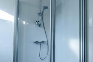 a shower with a shower head and a glass door at Vakantiewoning Zee & Polder met tuin, dicht bij zee in Middelkerke +16 photos