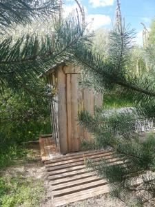 a wooden gate in a forest with pine trees at Red Era Glamping in Vilnius