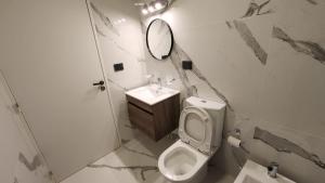 Un baño con inodoro, lavabo y espejo. en Caleta Design Puerto Madryn, en Puerto Madryn
