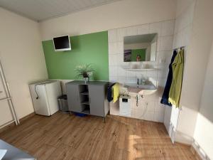 a small kitchen with a sink and a refrigerator at Domi's Gästehaus in Bergheim +12 photos