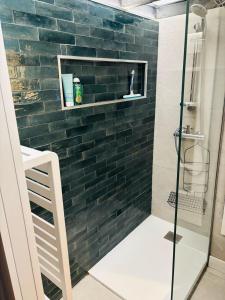 a shower with a black brick wall at L'élégant duplex Carmes in Toulouse
