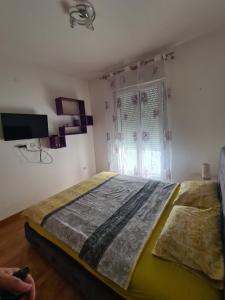 a bedroom with a large bed and a window at Apartman Natalia in Podgorica