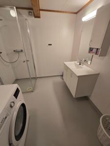 a bathroom with a washing machine and a sink at Hagestova in Volda
