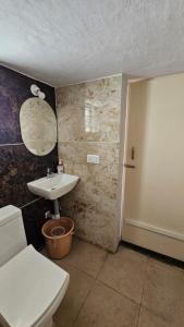a bathroom with a sink and a toilet and a mirror at Fourseason frankcottage in Chikmagalūr