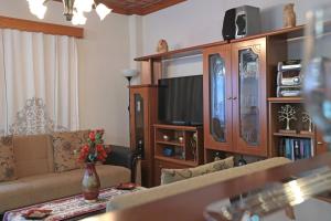 a living room with a couch and a tv at Stone Oasis in Tsepelovo