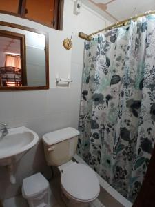 a bathroom with a toilet and a sink and a shower curtain at Golden Bird in Mindo