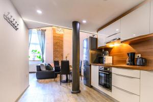 a kitchen and living room with a stove at The Comfortable Loft in Ljubljana +3 photos