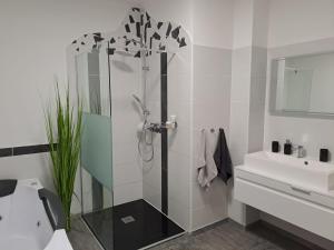 拉斯特Ferienwohnung Anita的带淋浴和水槽的浴室