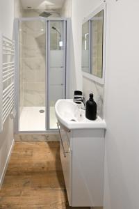 a white bathroom with a sink and a shower at La Pinta - Fécamp in Fécamp