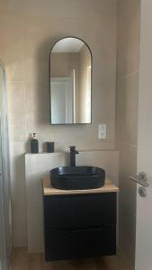 a bathroom with a black sink and a mirror at Moderne Ferienwohnung Bad Rappenau Verdistraße 9 in Bad Rappenau +17 photos