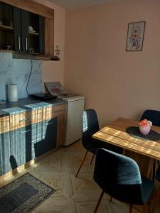 a kitchen with a table and a table and chairs at Apartman Aurora in Golubac +33 photos