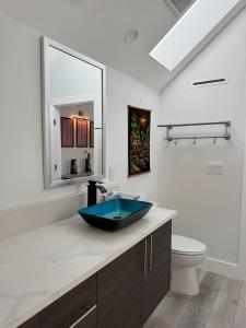 a bathroom with a blue sink and a toilet at Chic, Cozy & Comfort Modern Room in Austin