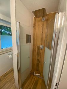 a bathroom with a shower with a glass door at Great Studio in Munich