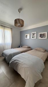 a bedroom with two beds and a chandelier at La Farigoule - Villa avec spa, clim, terrasse in La Roque-sur-Cèze +19 photos