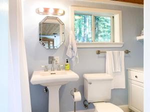 a bathroom with a sink and a toilet and a mirror at The Ivywood in Guerneville +35 photos