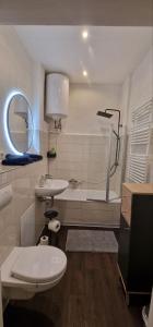ein Badezimmer mit Waschbecken, Toilette und Badewanne in der Unterkunft Top3 Ferienwohnung mit Fitnessstudio in Plauen + 13 Fotos