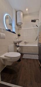ein Badezimmer mit Toilette, Waschbecken und Badewanne in der Unterkunft Top3 Ferienwohnung mit Fitnessstudio in Plauen