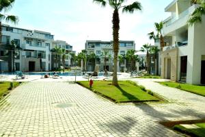 a resort courtyard with a palm tree and a fire hydrant at Hivernage Residence, Modern 2 Bedroom in Agadir
