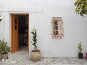 a white building with a window and a potted plant at Dar Ghalia in Dar Tahar Zaouch
