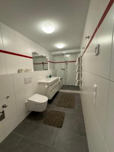 ein weißes Badezimmer mit Toilette und Waschbecken in der Unterkunft Unterhecherhof in Bannberg