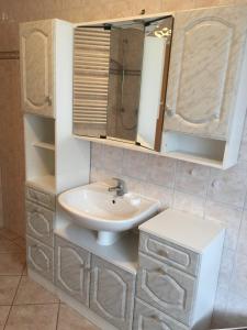 a bathroom with a sink and a mirror at Ferienwohnung Wede in Ueckeritz +22 photos