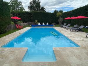 una grande piscina blu con sedie e ombrelloni di Domaine entier Le Clos des Trois Provinces 20 personnes Zoo Beauval a Noyers-sur-Cher