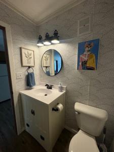a bathroom with a toilet and a sink and a mirror at Elevated Ski Chalet at Powderhorn Mountain in Bessemer