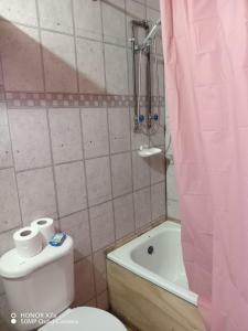 Un baño con inodoro, ducha y bañera. en cabañita Campestre, independiente, en Castro 52 fotos más