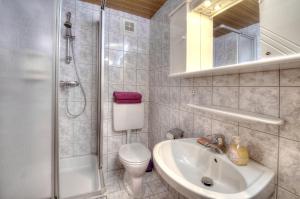 a bathroom with a sink and a shower and a toilet at Haus Brandner in Viehhofen +32 photos
