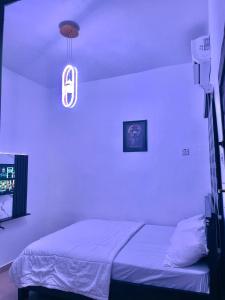 una camera da letto con letto e luce appesa al soffitto di Dersym Apartment a Port Harcourt