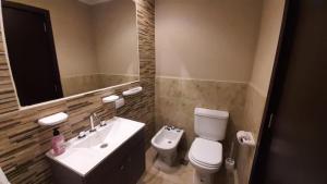 a bathroom with a sink and a toilet and a mirror at Departamento Casa de playa in Necochea +6 photos