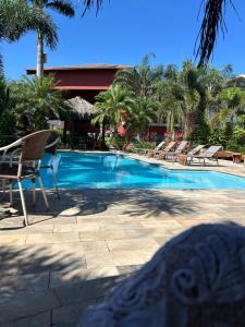 a swimming pool with lounge chairs and palm trees at Hotel Roda D'Agua in Andradina