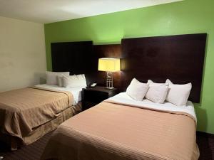 two beds in a hotel room with a green wall at Hollister Inn in Hollister
