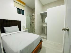 Colonial zone 3 bed 3 rooms balcony في سانتو دومينغو: غرفة نوم مع سرير وممشى في الدش
