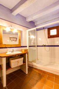 La salle de bains est pourvue d'un lavabo et d'une douche. dans l'établissement Mas Petit, turisme rural, à La Bisbal