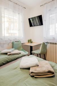 ボヴェツにあるPenzion Hosnar, apartma Muchoのベッド2台、机、テレビのある寝室