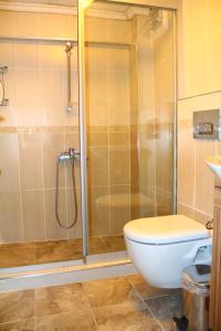 een badkamer met een douche en een toilet bij Marmara Apartments in Istanbul