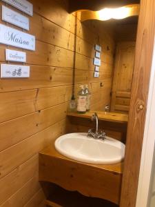 a bathroom with a sink in a wooden wall at La Roulotte d'Alcas in Saint-Jean-et-Saint-Paul