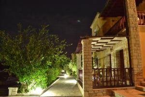 a street at night with a building and trees at Alkyon Villas in Syvota