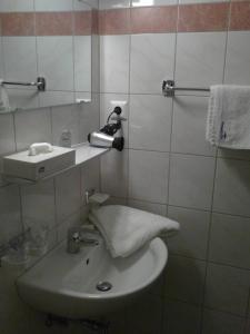 a bathroom with a sink and a hair dryer at Frühstückspension Anna Maria in Sankt Kanzian