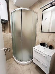 a glass shower in a bathroom with a sink at Apartmán v centre in Nové Mesto nad Váhom