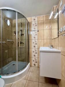 Kúpeľňa v ubytovaní Jaworowe Izby Apartamenty z balią z hydromasażem