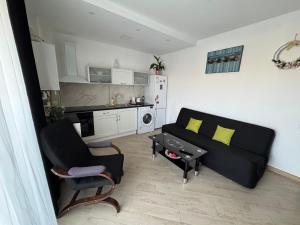 een woonkamer met een zwarte bank en een keuken bij Apartments 1 Mamaia Nord in Mamaia Nord – Năvodari